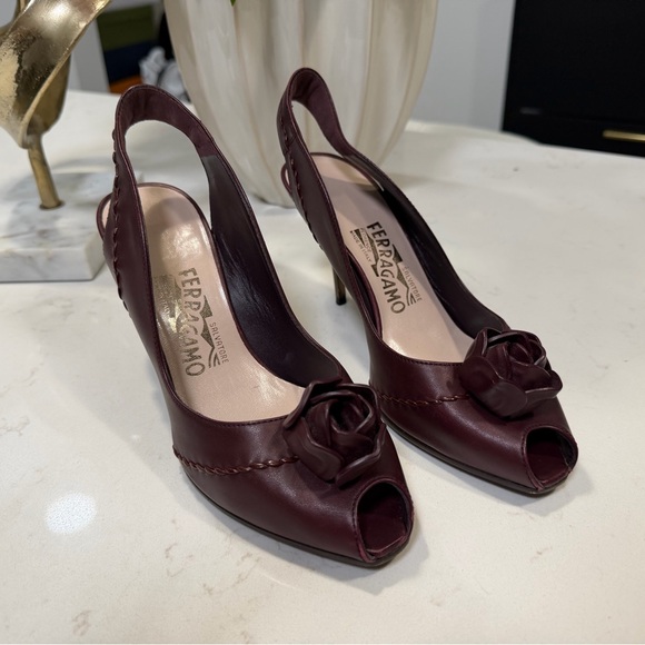 Salvatore Ferragamo Shoes - Salvatore Ferragamo Dark Red Peep-Toe Heels